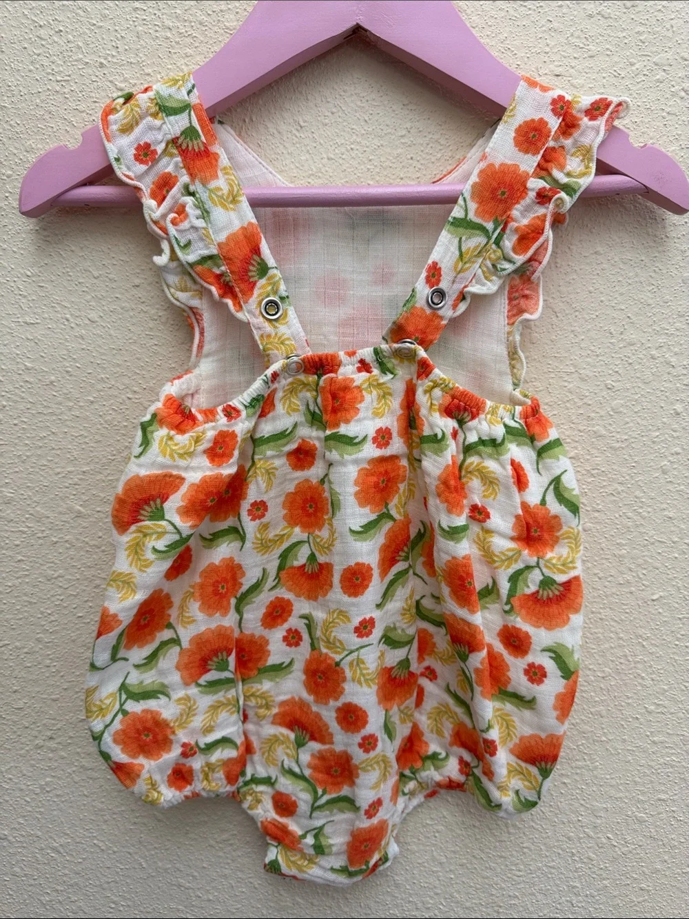 Angel Dear Muslin Orange Marigold Ruffle Sun Bubble Baby Romper Size 6-12 Month